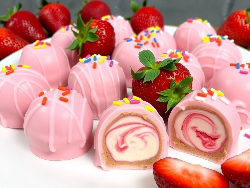 Pink chocolate-covered truffles with strawberry cheesecake filling, garnished with strawberries and sprinkles on a white plate.